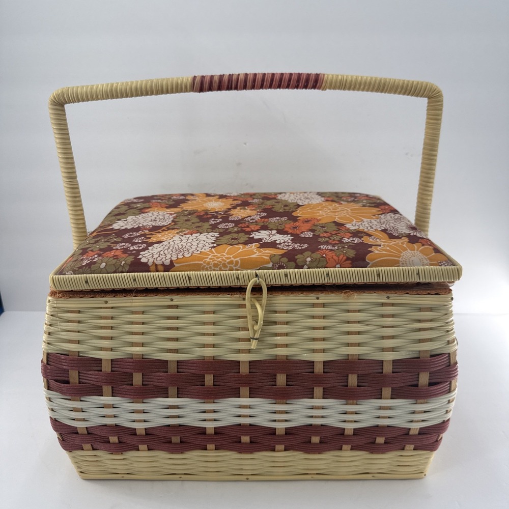 Vtg Wicker Woven Sewing Basket MCM Japan Orange Floral satin lining full